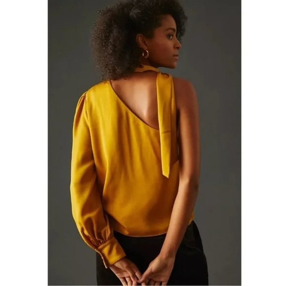 Sunday in Brooklyn Anthropologie Gold One-Shoulder Tie-Neck Blouse Size S New - Picture 3 of 9